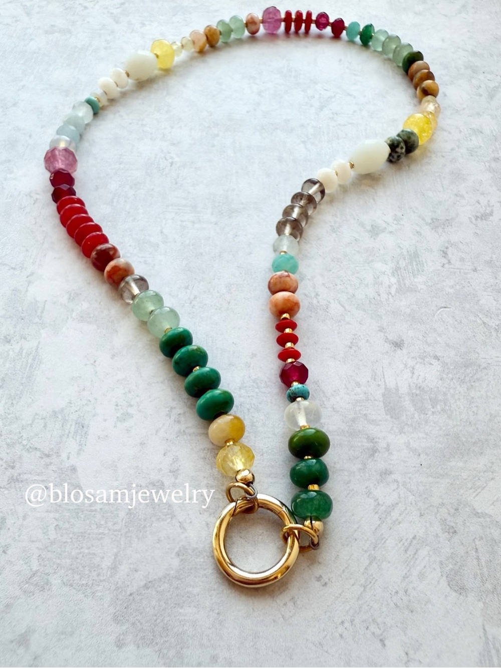 BLOSAM Vermeil Gemstone Beaded Charm Holder Necklace Watercolor Rainbow Jewely